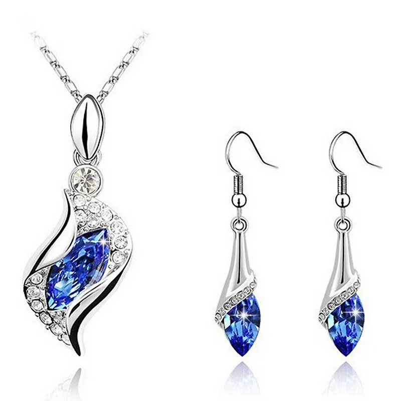 USTAR Blue Crystals Jewelry Set Water Drop Earrings and Pendant Necklace Silver color Chain Wedding for women | Украшения и