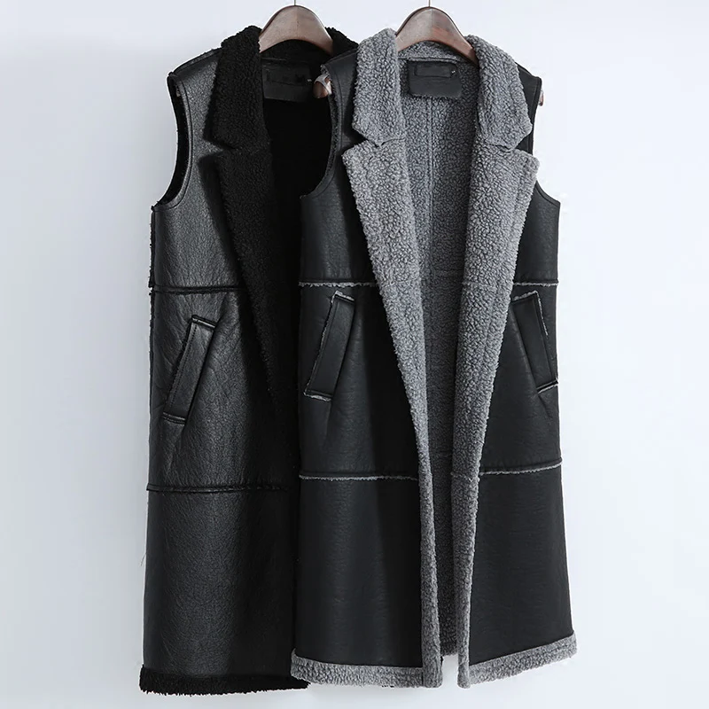 

New Autumn Winter Women Thick Long Vest Coat Warm Sleeveless Lamb Wool Parkas Waistcoat Female Velvet Cotton Jacket Vests SF1435