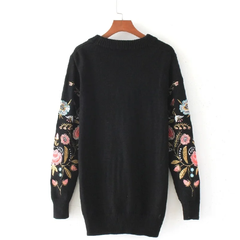 Осень зима черный вязаный свитер пуловер женский подиумный дизайн цветочный вышивка длинный рукав женский джемпер свободная одежда