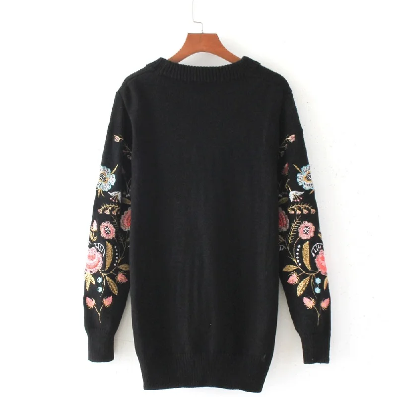Women Ladies Black Winter Floral Skull Embroidery Knitted Knitwear Jumper Top