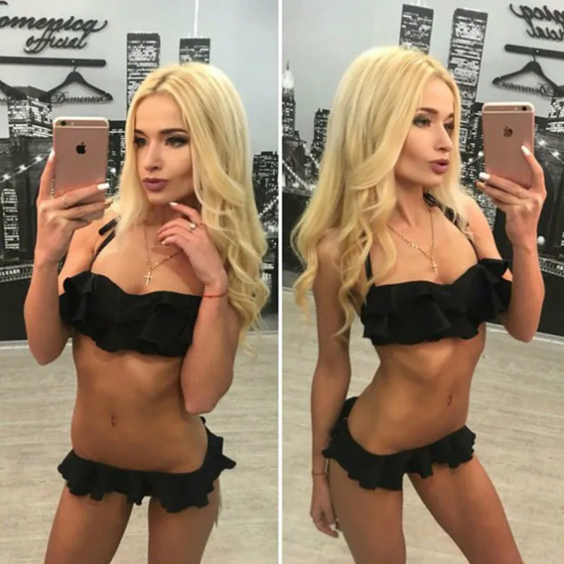 2017 Women Push Up Bikini Set Sexy Pleated Ruffle Biquini Brasileiro Bandeau Halter Swimsuits Female Flounced Low Waist Swimwear