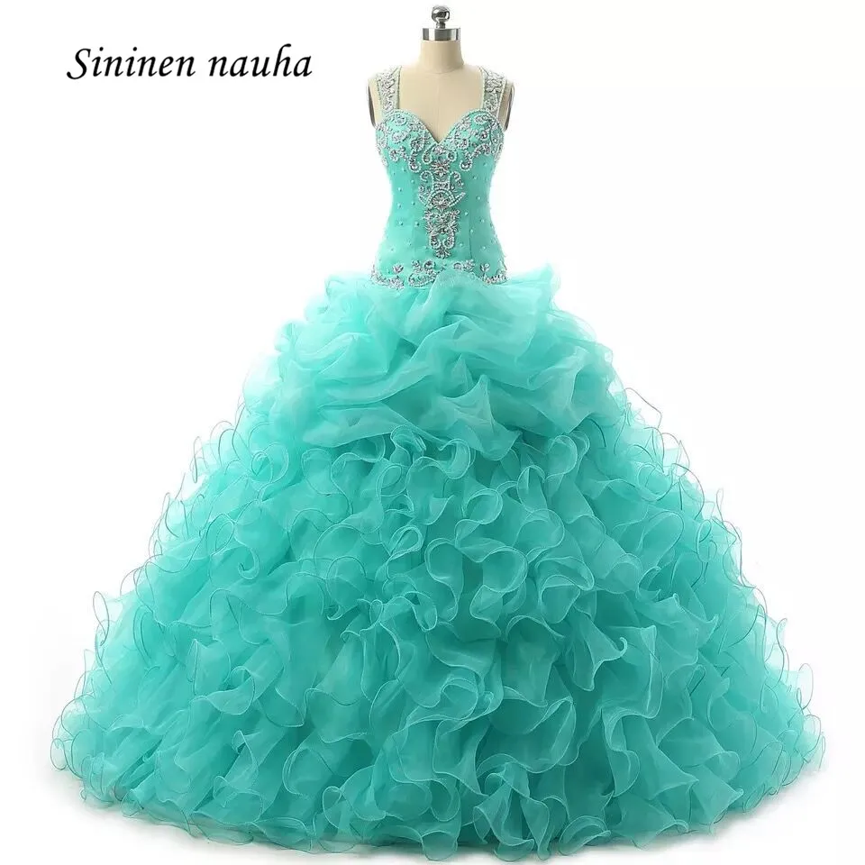 Turquoise Quinceanera Dresses Prom Party Dress V Neck Long Beaded Dance