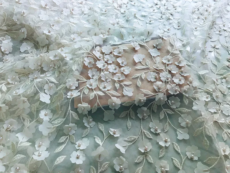 

LFY Nude / ivory embroidered Applique mesh -tulle lace fabric with beads Afrian style wedding dress lace low price 1 yard
