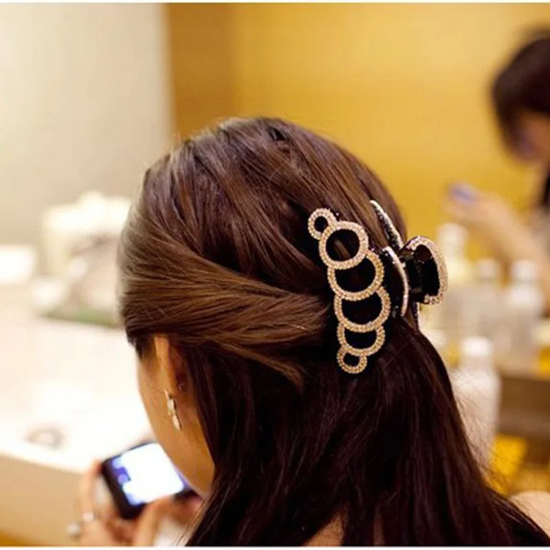 

Large 6 Circles Crystal Hair Clips Beautiful Girls Stones Hairpins Crab Claws Jaw Clamp Hair Jewelry for Women Black Brown HC161