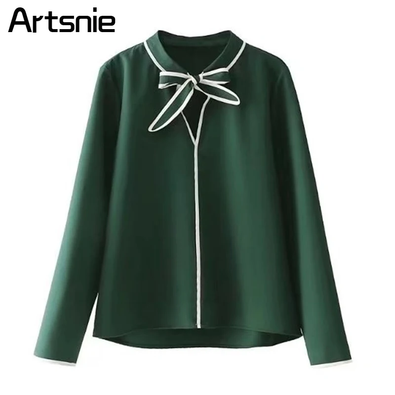 Artsnie Green Elegant Bow Women Blouse Spring 2018 Casual Long Sleeve V ...