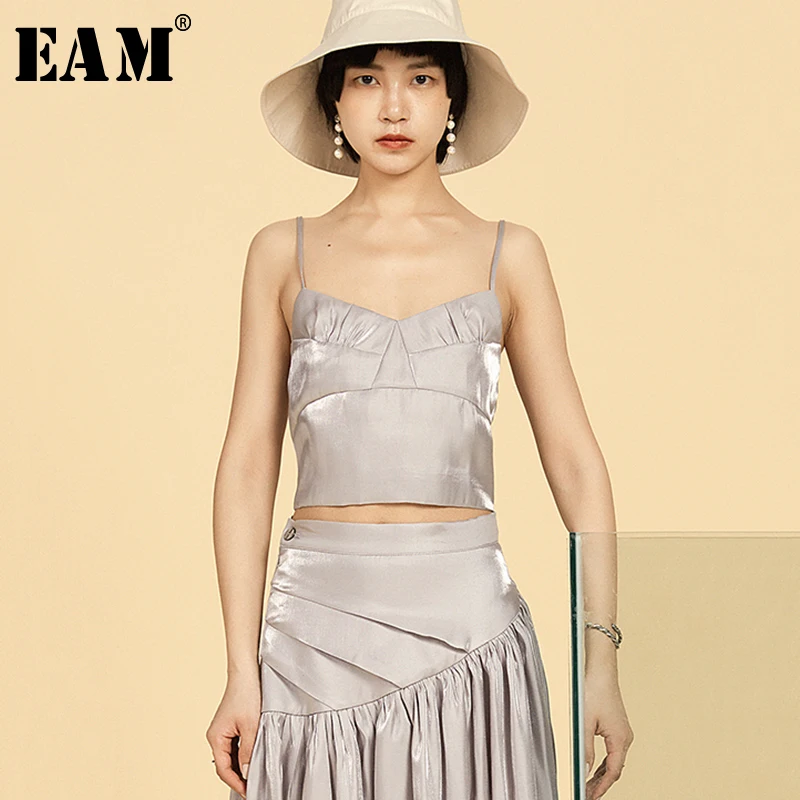 

[EAM] 2019 New Spring Summer V-collar Sleeveless Gray Fold Split Joint Personalityshort Tank Tops Women Fashion Tide JU822