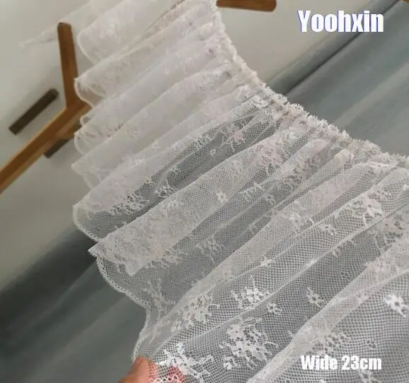 

23CM Wide NEW Embroidery White flower Ruffle lace fabric trim ribbon net DIY sewing applique collar fringe guipure wedding decor
