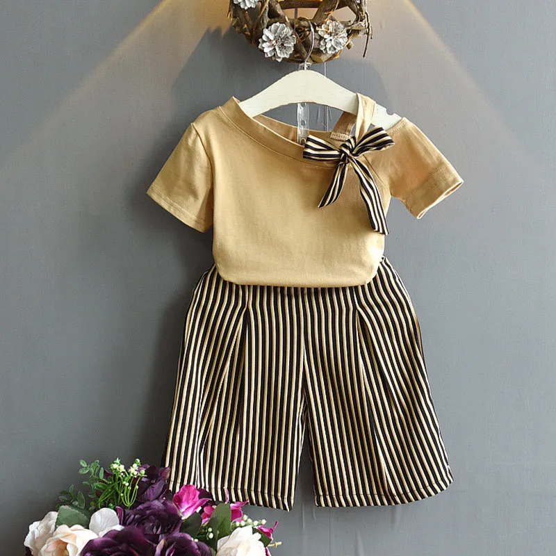 

Toddler Girl Clothes Summer Girls Fashion Sets T-shirt+Striped Wide leg Pants 2Pcs Outfit Children Clothing For Girls 3 6 7 Year