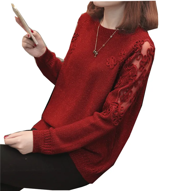 Новинка, женские пуловеры, женский джемпер, 51(zhong 1), весенний круглый вырез, реглан, кружевной свитер, F2305, с цветочным рисунком