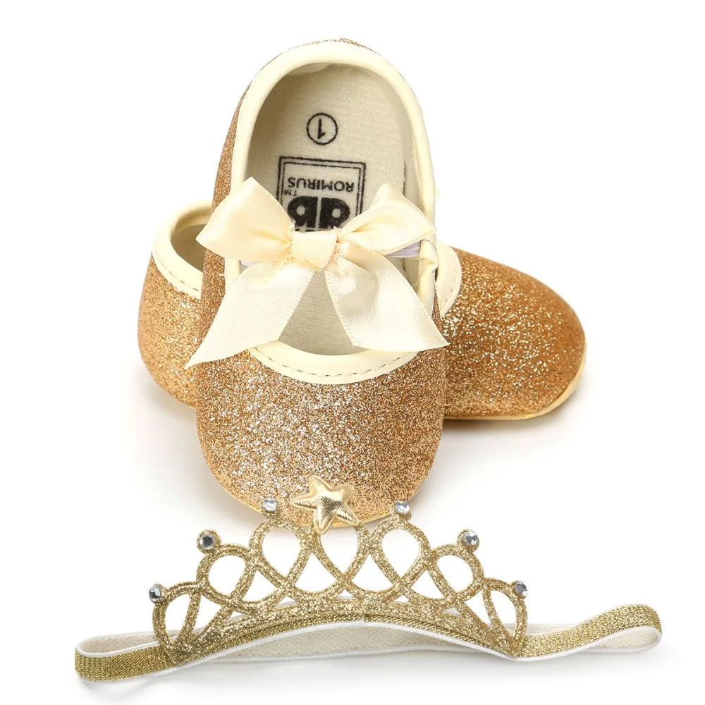 Обувь для новорожденных с повязкой на голову для девочек; кожаные кроссовки с короной; повязка на голову; золотая кожаная обувь для маленьких девочек;