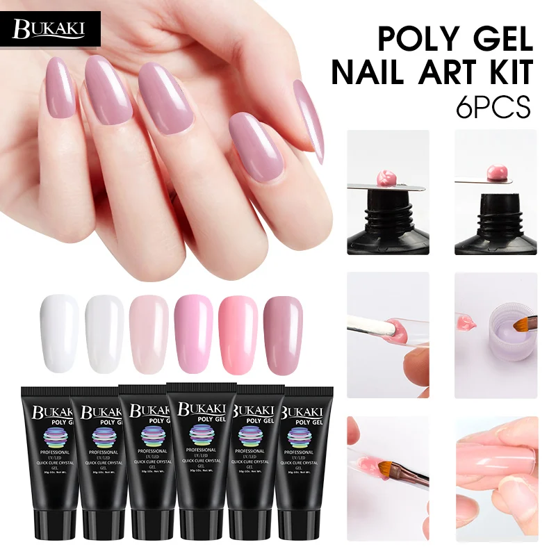 

BUKAKI Poly Gel UV LED Builder Finger Extension Gel Varnish 6 colors Camouflage Nails Art Manicure Brush Acrylic French Kit Set