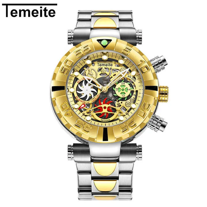 TEMEITE лучший бренд класса люкс кварцевые часы для мужчин Chrono ветряная мельница дизайн Дата золотой нержавеющая сталь Ремешок Модные многофункциональные часы - Цвет: STRAP GOLD GOLD