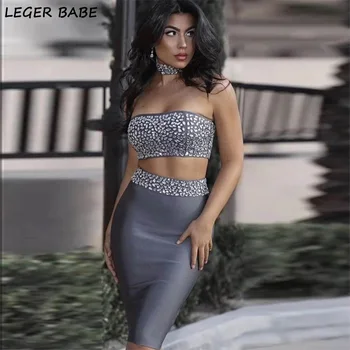 

Leger Babe 2019 New Sexy Bandage Wowen Suit 2pieces With Brilliant Beaded Decoration Celebrity Ladies Vestidos Club Wear