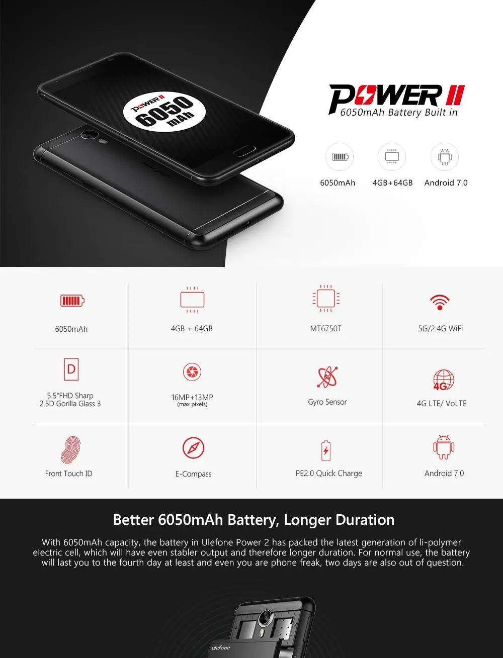 Мобильный телефон Ulefone power 2, 5,5 дюймов, FHD, MTK6750T, четыре ядра, Android 7,0, 4 Гб+ 64 ГБ, 16 Мп, 6050 мА/ч, отпечаток пальца, ID, 4G, gps