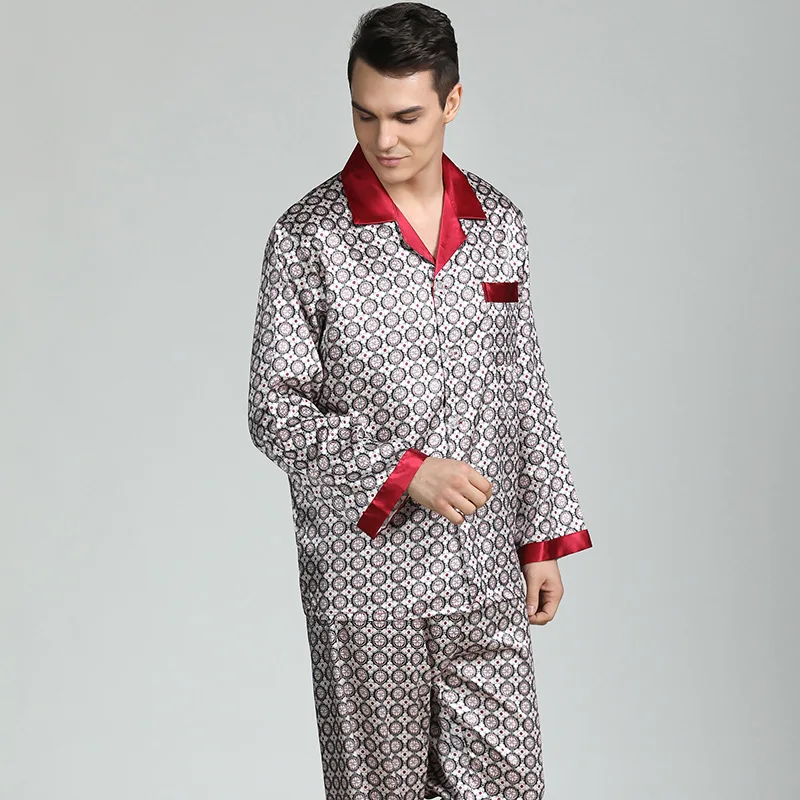 2019 Мужская Шелковая пижама с принтом, сезон весна-лето, Летний Шелковый комплект с длинными рукавами, большой размер, домашний сервис