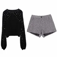 NiceMix turtleneck sweaters pearl beading and shorts set warm lantern sleeve jumper femal loose pollover shorts and sweater sets plus pearl beading bell sleeve jumper