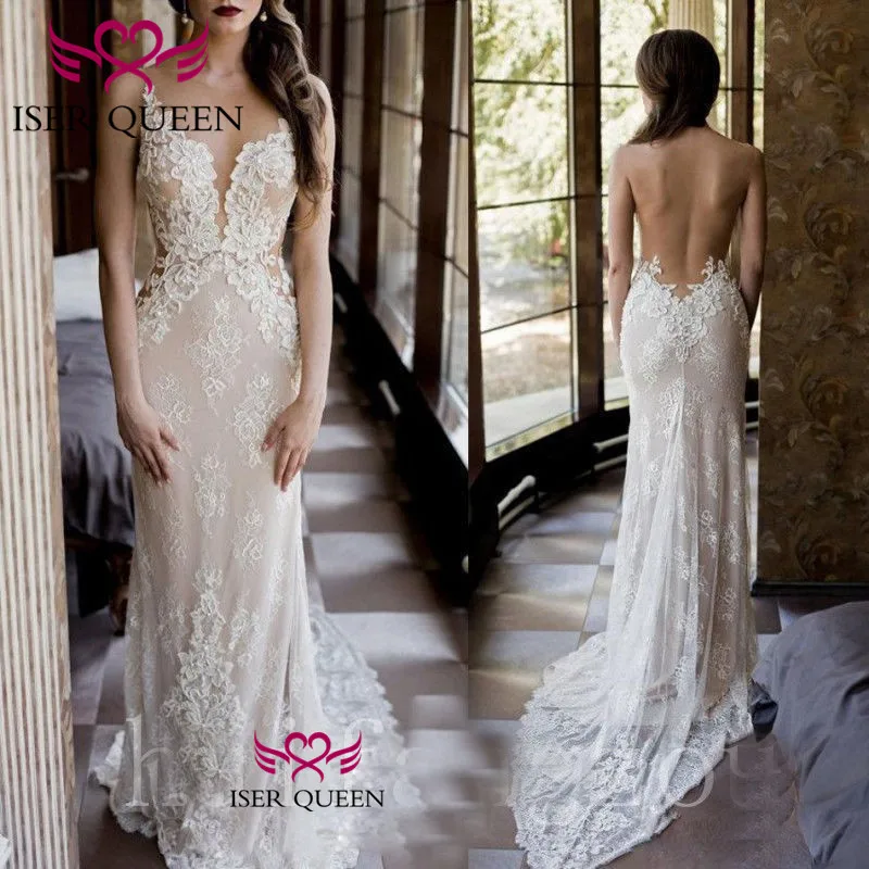 

Sexy Backless V-neck Embroidered Lace Mermaid Wedding Dress 2019 Bridal Dress Mermaid Romantic France Style Wedding Gowns w0518