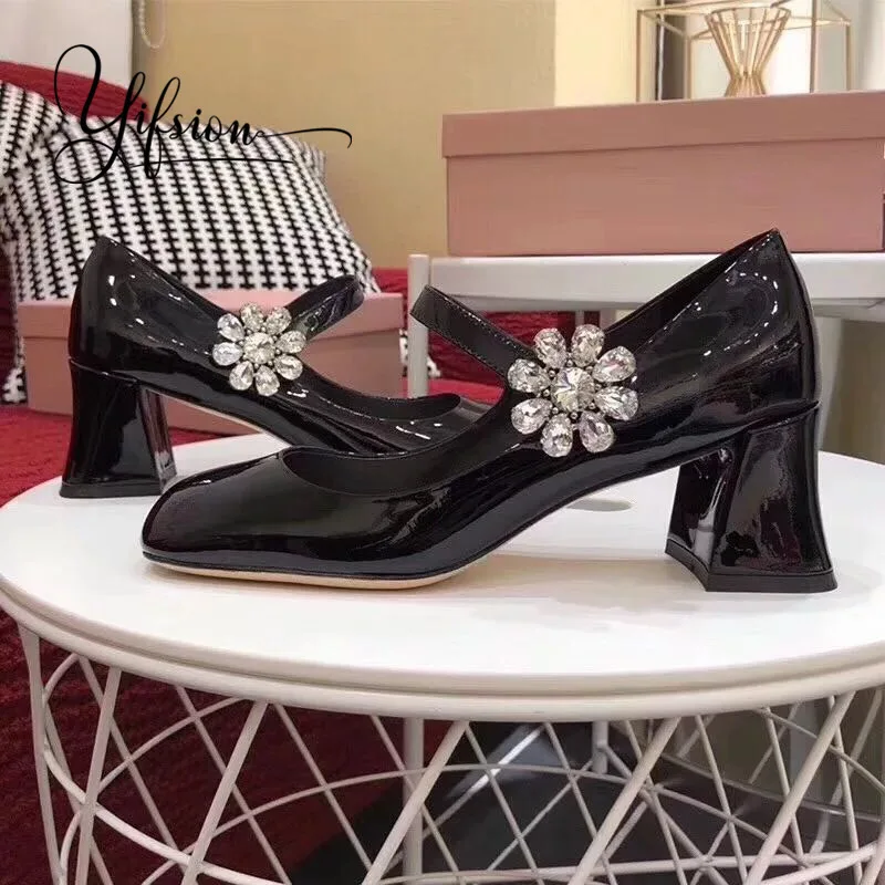 

OLOME New Spring Summer Patent Leather Pumps Women Shoes Square Toe Buckle Strap Chunky Heel Ladies Pumps Party Shoes Woman
