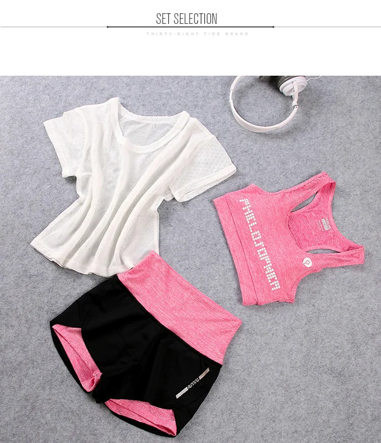 Женская спортивная одежда, футболка для фитнеса+ бюстгальтер+ шорты, комплект из 3 предметов, одежда для занятий спортом, бега, йогой, женский спортивный комплект