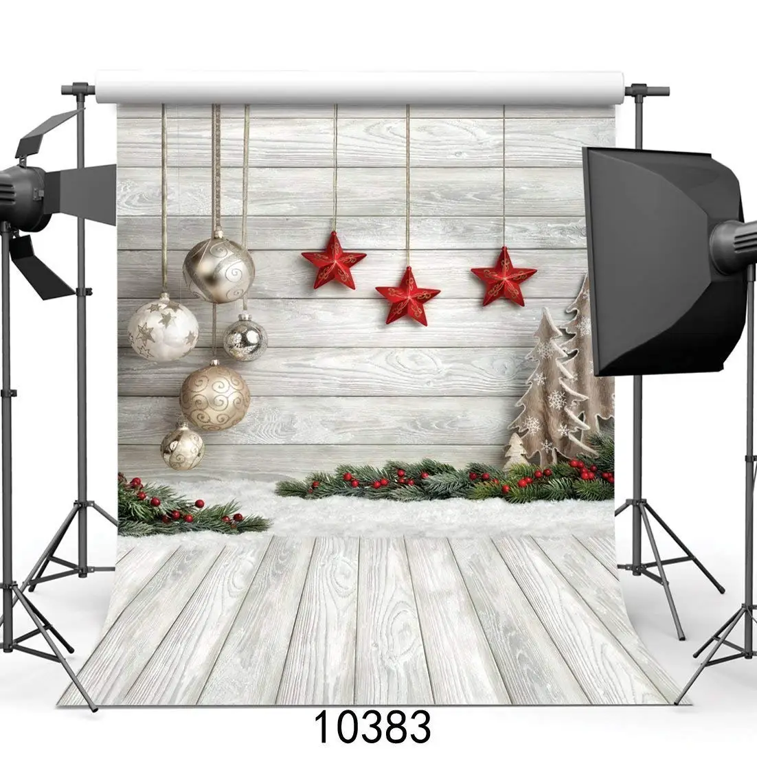 

Merry Christmas Backdrop Red Stars String Balls Heavy Snow Xmas Backdrop