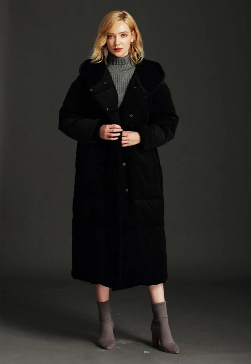 Новинка, вельветовое пуховое пальто с капюшоном, женская зимняя Толстая теплая длинная куртка-пуховик на утином пуху, Женская Брендовая верхняя одежда больших размеров 5XL