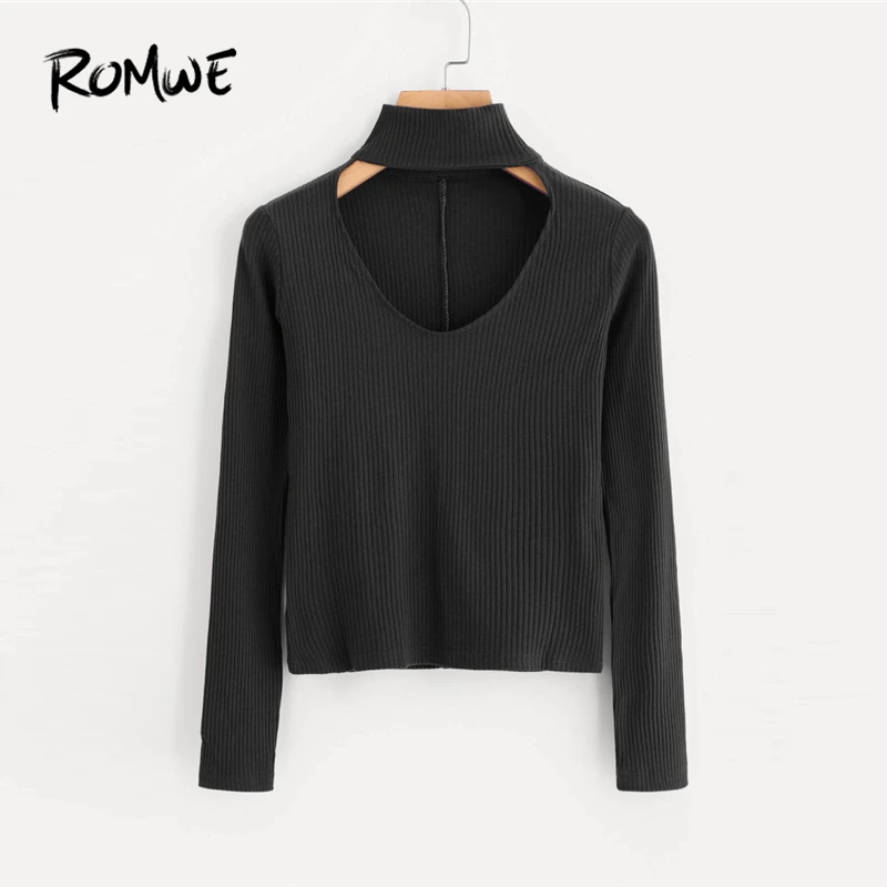 

ROMWE Black V Cut Choker Ribbed Crop Sweater Women Casual 2018 Autumn Plain Clothes Ladies Spring Long Sleeve Pullovers Jumper