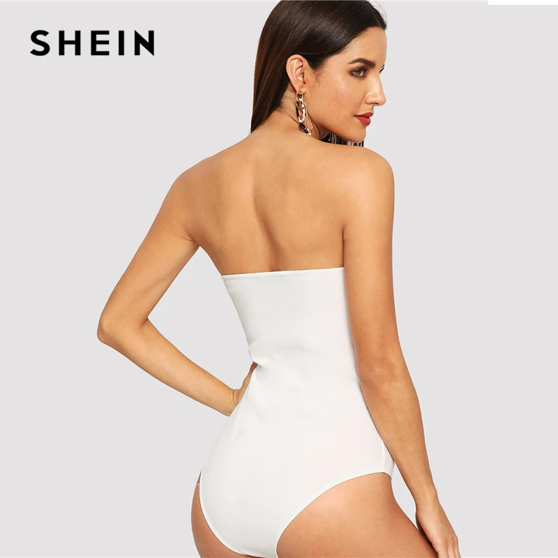 SHEIN الأبيض الحبيب بوستير داخلية عميق الخامس الرقبة مثير عارضة حمالة ارتداءها النساء 2018 الخريف عادي أنيقة داخلية