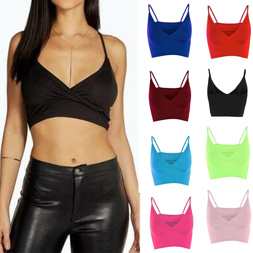 

Sexy Crop Tops Womens Ladies Solid Vest Bra Sleeveless V-Neck Straps Wrap Over Tank Crop Top Camisole Clothing Summer Beach