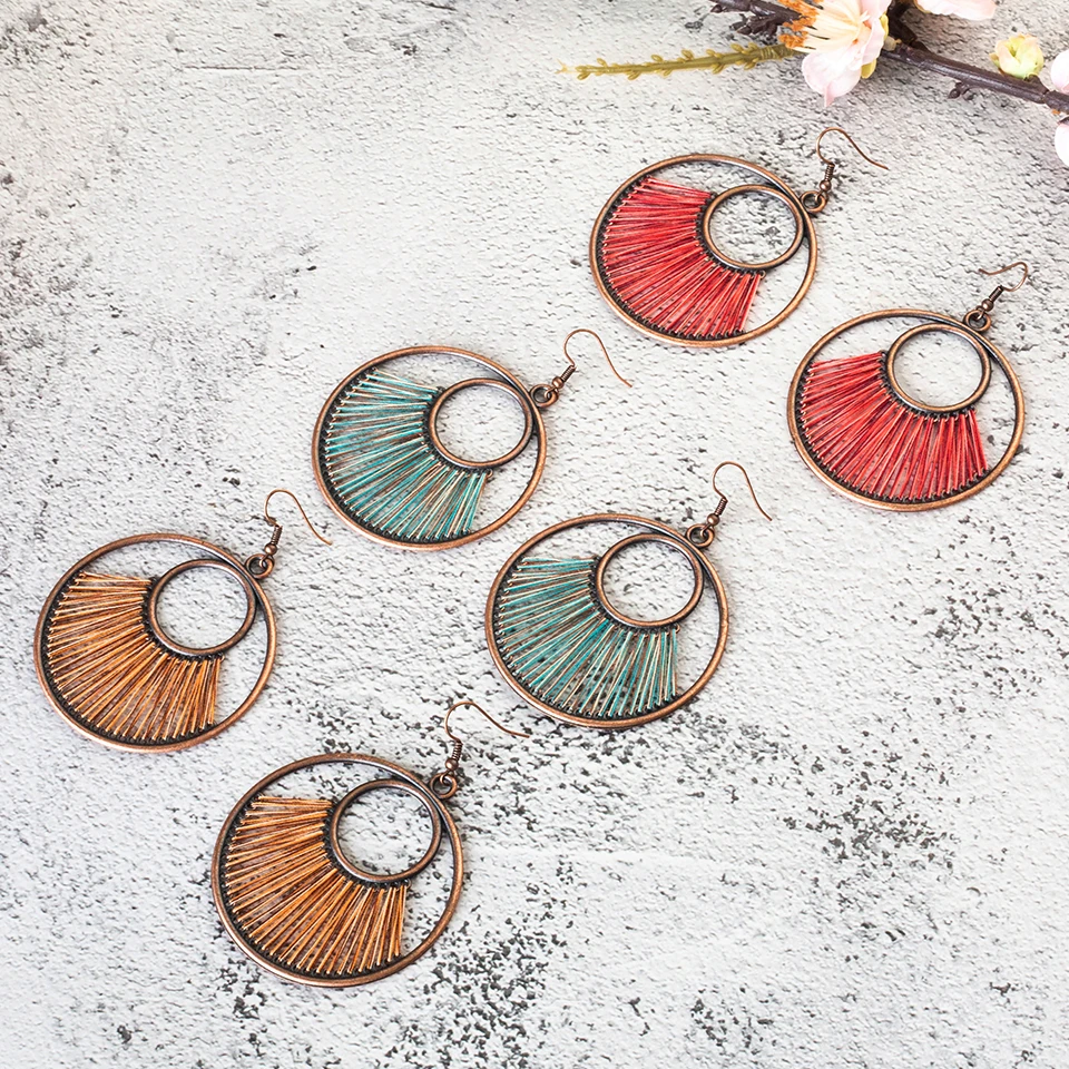 6 цветов струна из волокна винтажные круглые Висячие богемные этнические Висячие серьги для женщин ювелирные аксессуары