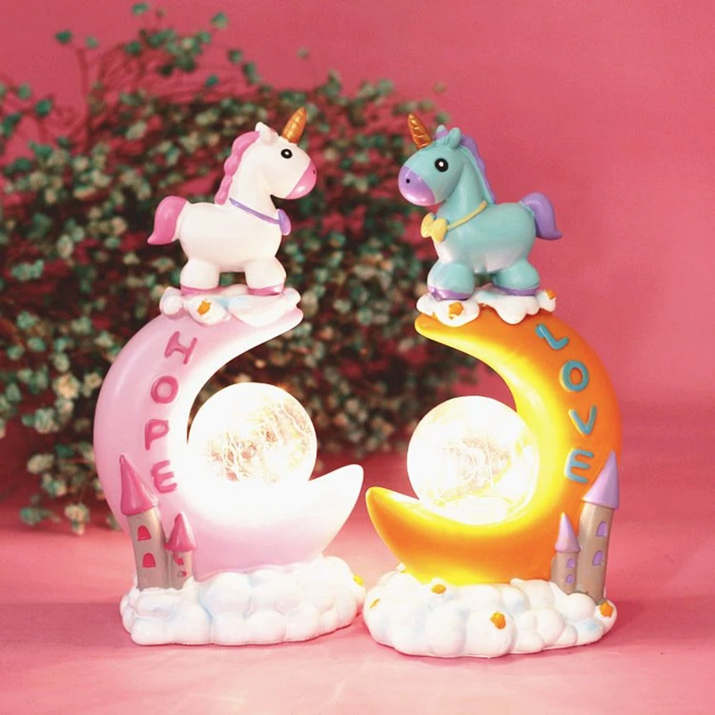 Cartoon Unicorn Resin Craft Led Night Light Car Miniature Decor Kids Home Decor Table Lamp Ornaments Birthday Valentine Gifts
