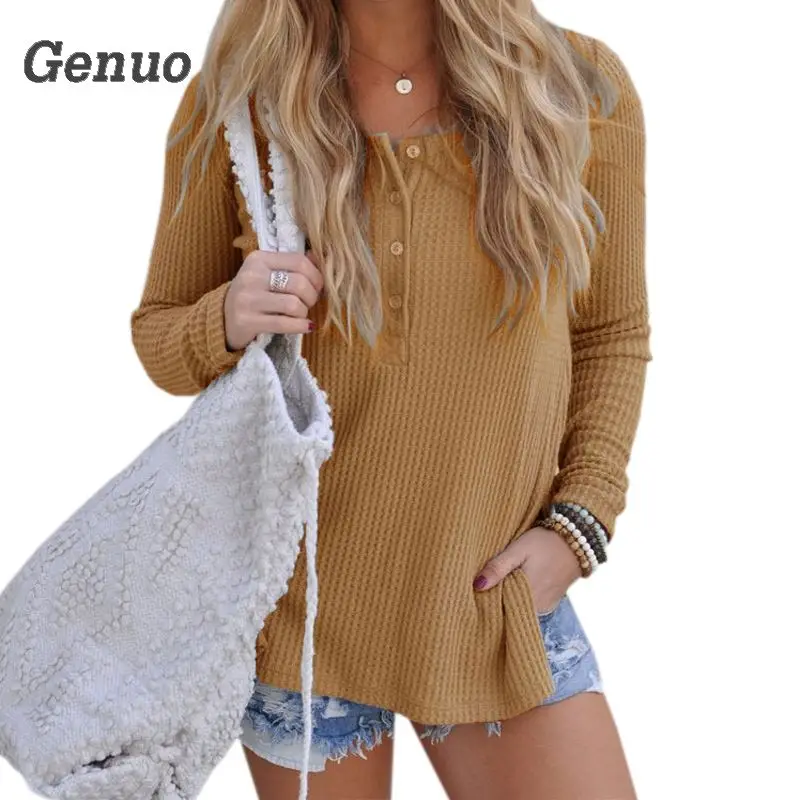Knit Sweater Shirts Women Sexy Casual Solid Buttons Long Sleeve Sweaters Warm Winter Autumn Pullovers Side Split Tops Genuo
