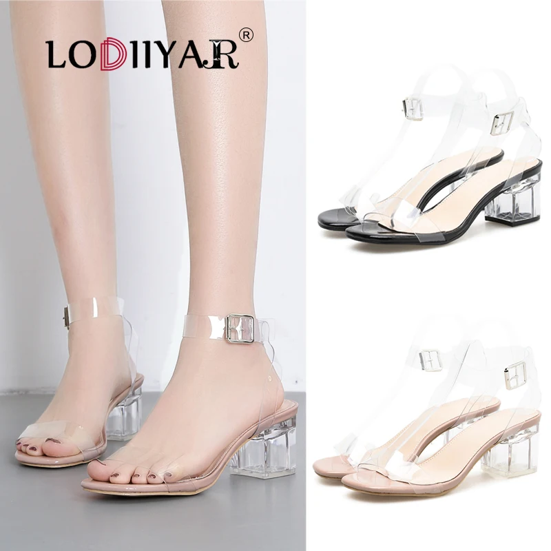 

Female Shoes Transparent High Heels Open Toe Ankle Strappy Adjustable Buckle Crystal Clear Thick Heel Party Dress Shoes Black