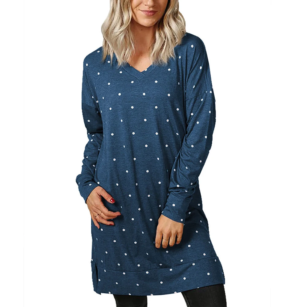 

Long Shirt Women Autumn Causal Loose Dot T-shirt V-neck Long Sleeve Clothing For Girls Causal Autumn Tops Loog Women T-shirt