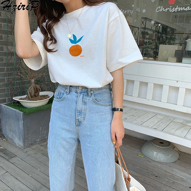 

Hzirip Fashion Print T shirt Korean Top 2019 Summer Tops Sweet Short Sleeve All-Match O-neck Casual Loose Women Preppy Style