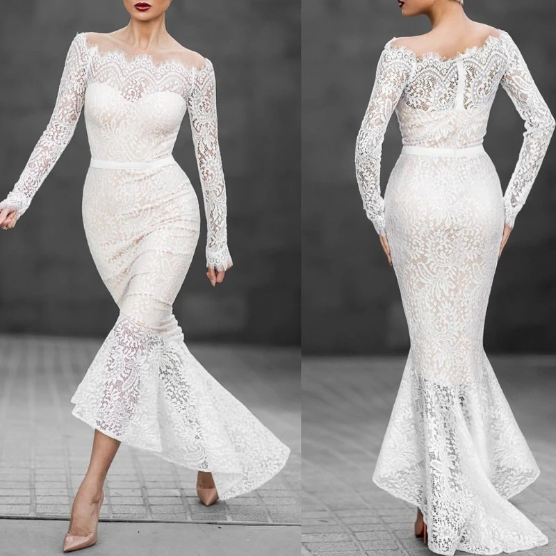 فستان سهرة نسائي ثوب أبيض بأكمام طويلة ورقبة على شكل قارب وذيل سمكة للحفلات الموسيقية White Dress Neck Lacedress White Dress Aliexpress