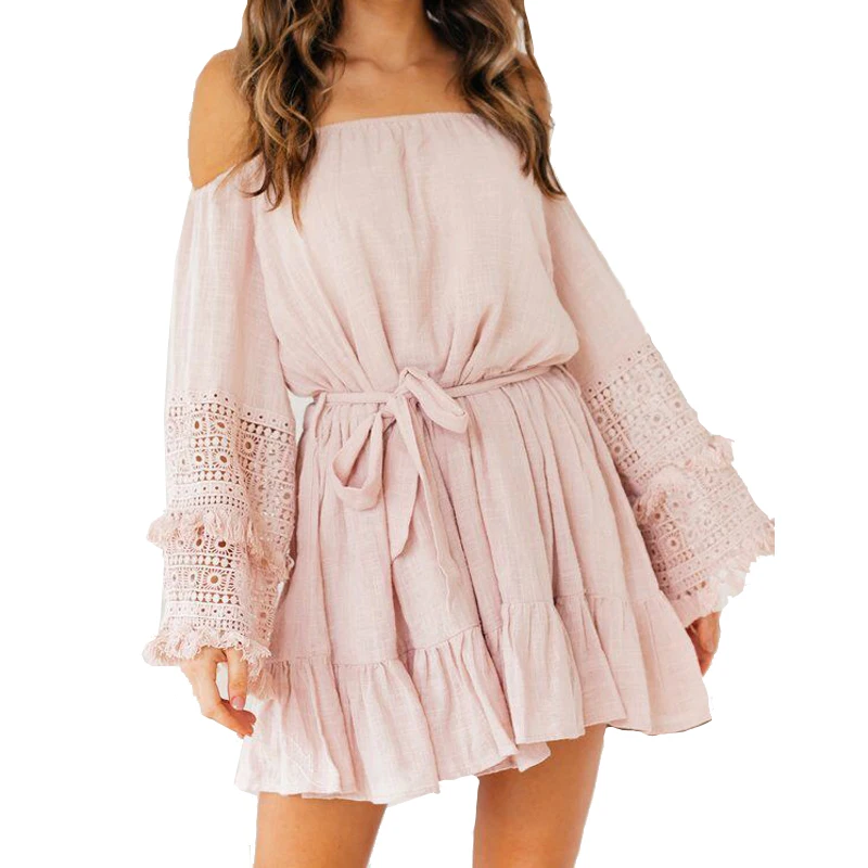

2019 summer woman solid pleated tassel dress elastic waist slash neck lace hollow out flare sleeve short dress sukienki women