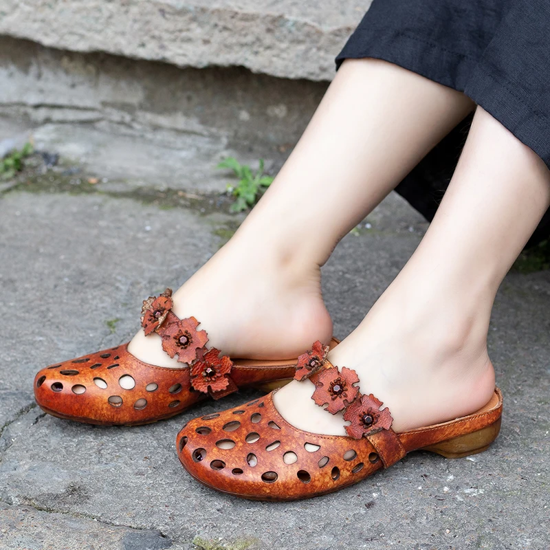 

Closed Toe Summer Slide Shoes For Women Fresh Fashion Lady Slippers Natural Leather Flowers Strap Design Female Hollow Out Shoes