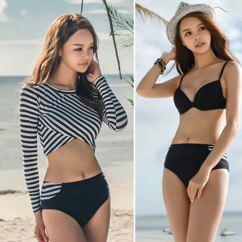 

3pcs/set Long Sleeve Swim Crop Shirt+Push Up Bikini set Rash Guard Top Tankinis High Waist Bathing Swimsuit Striped Swimwear