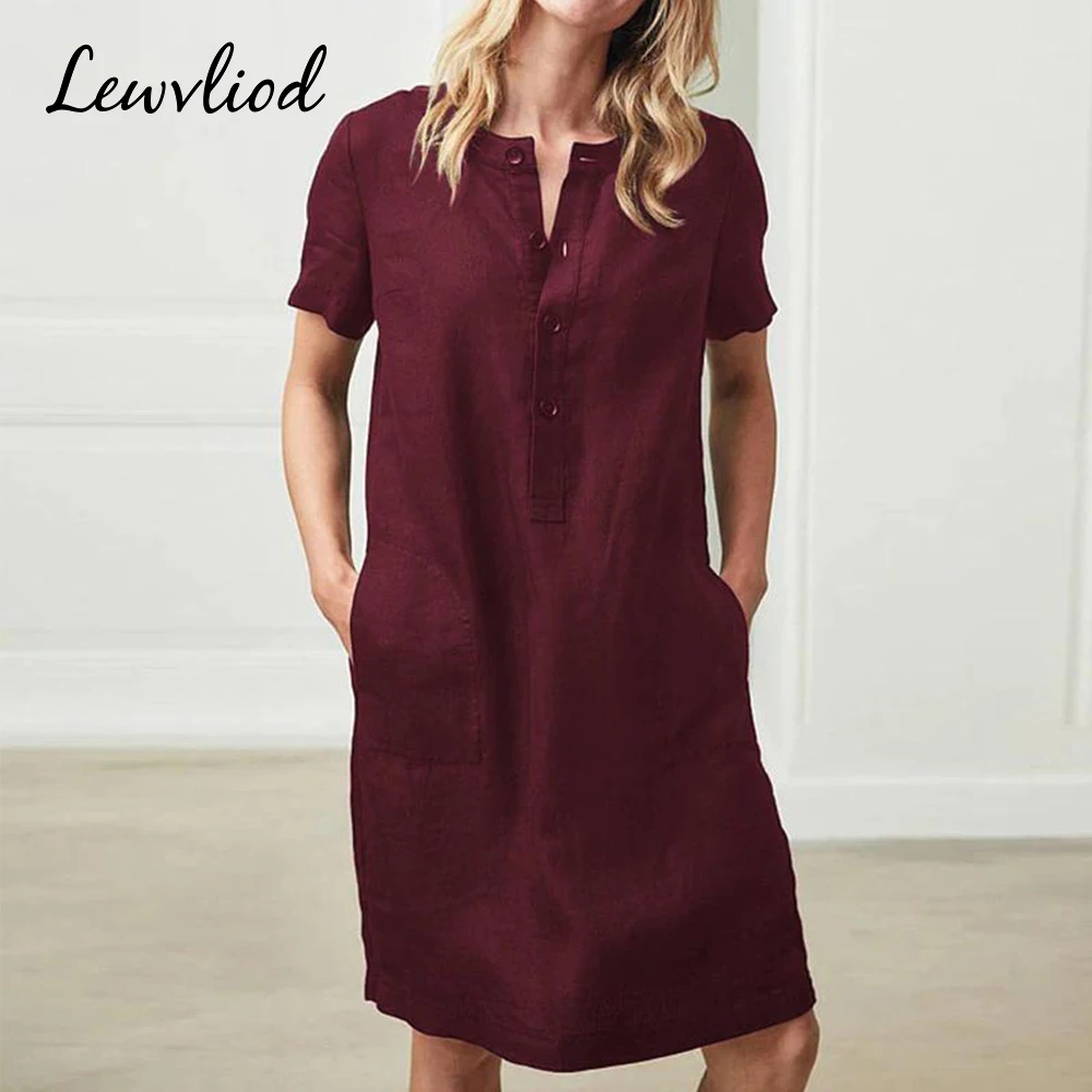 

2019 Summer Vintage Women's Dresses Cotton Linen V Neck Short Sleeve Dress Button Casual Loose Sundress Plus Size Vestidos