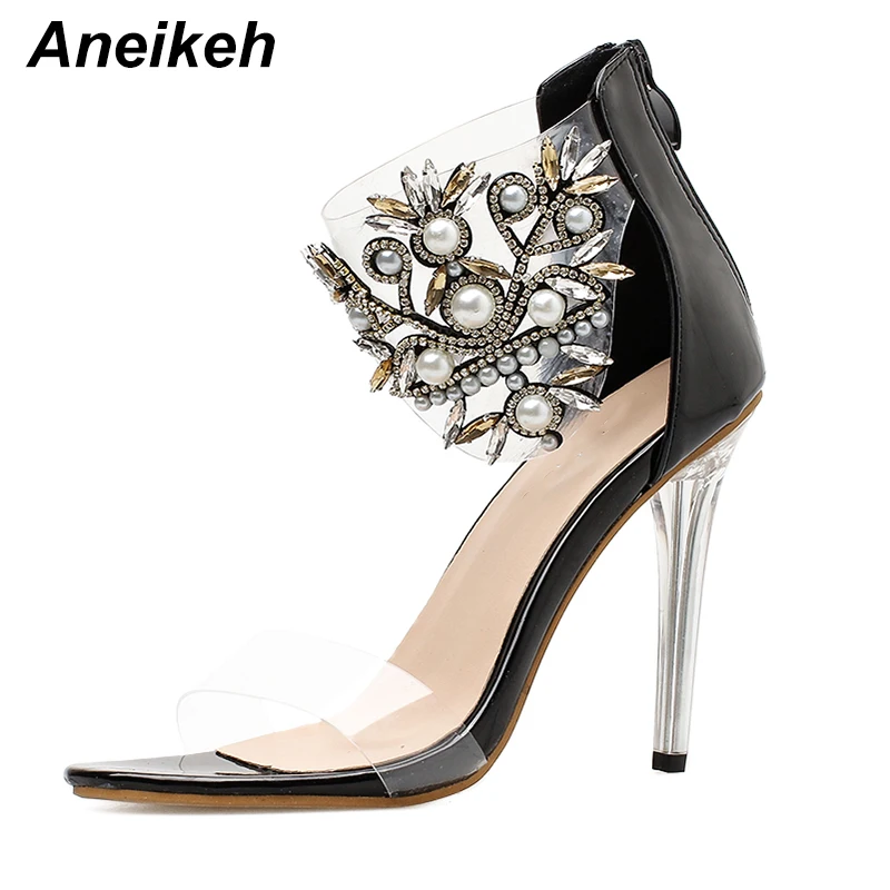 

Aneikeh Crystal Decor Thin High Heel Sandals Women PVC Transparent Gladiator Pumps Sexy Peep Toe Dress Party Shoes Summer