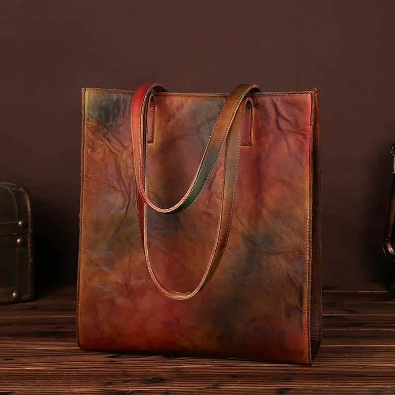 

Vintage genuine leather women's handbag large capacity handmade first layer of cowhide casual shopping bag