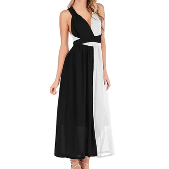 

Women Elegant Plus Size Black And White Patchwork Sleeveless Stitching Back Wrapped Chest Sexy Strap Dress Fashion 2019