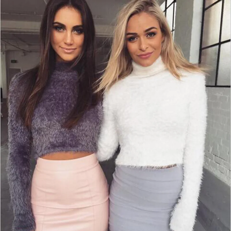 

New Fall street fashion 2016 women Elegant Lurex Hairy Short crop top Sweaters Woman Autumn long Sleeve Pullover Sweaters