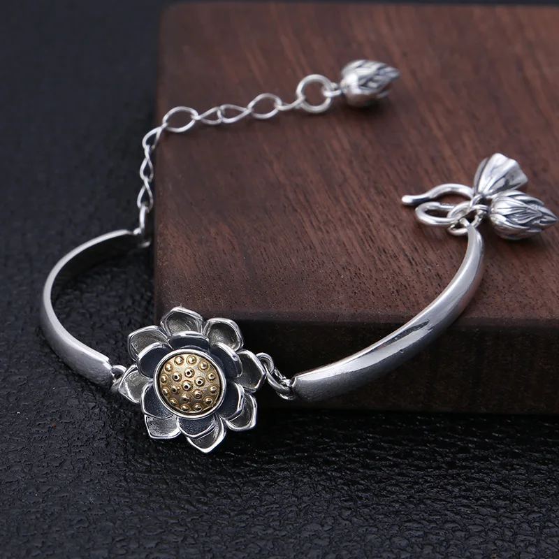 Креативный браслет из настоящего 925 пробы серебра для мужчин и женщин вращающийся браслет с цветком лотоса браслет ювелирные аксессуары для мужчин B61