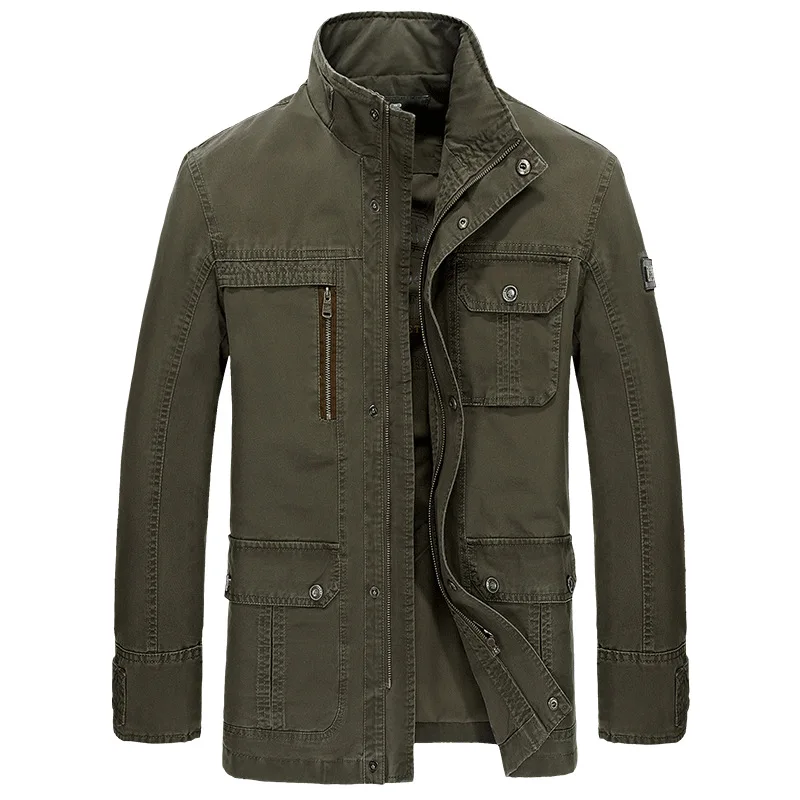 Brand Military Jacket Men Stand Collar Pockets Zipper Mid Length Casual