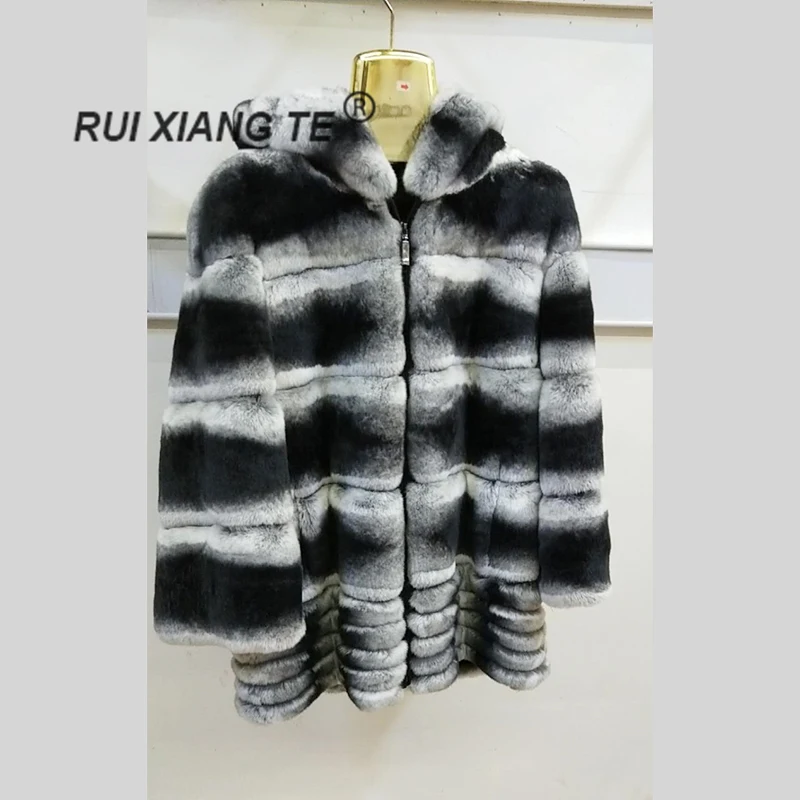 

free shipping ruixiangte women real fur coat with hood coat luxury fur rex rabbit coat fur chinchilla fur warm winter coat