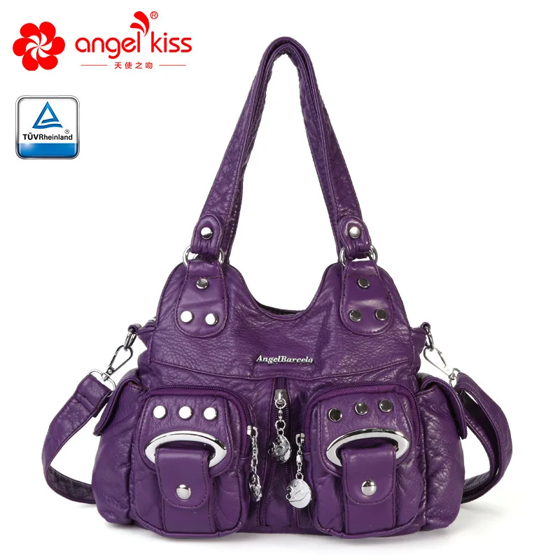 

Angel Kiss Fashion New Style Skin Friendly Washed PU Leather Handbag Large Capacity Multi Pockets Women Messenger Bags