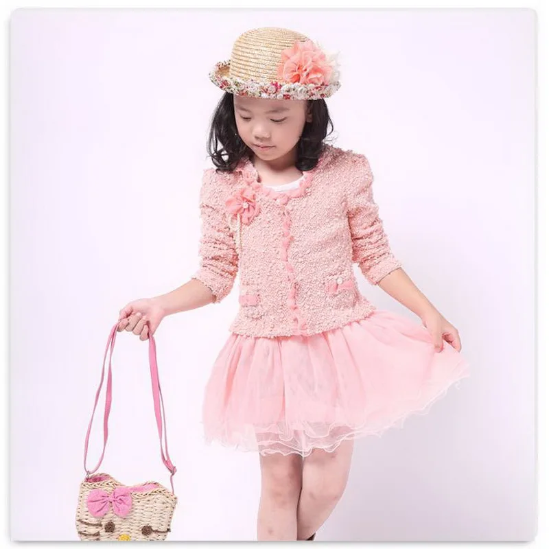 Комплект с платьем для девочек; модное розовое платье с жемчужинами и кружевом; костюм из 2 предметов; детская одежда на весну-осень