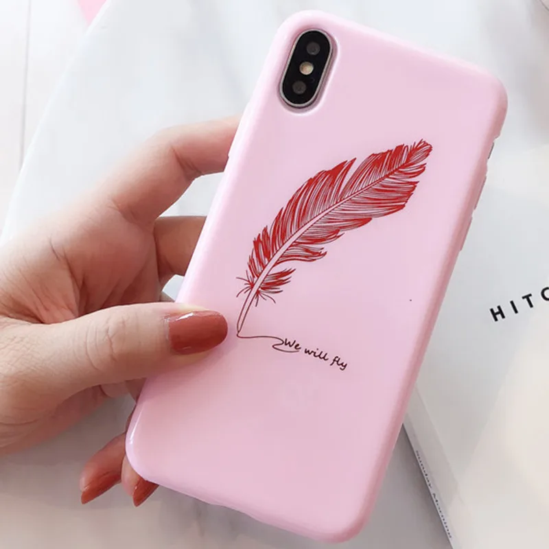 Luxury Glossy Pink Gold Feather Patterned Silicone Case For iPhone 6 6S 7 8 Plus X XS MAX XR Cartoon Soft TPU Couples Back Cover