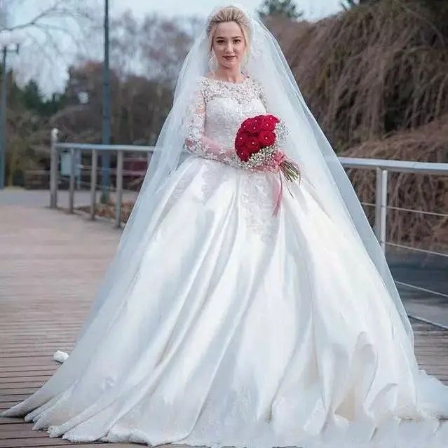 Длинный халат de mariee casamento, кружевное платье с длинными рукавами, Белое Атласное Свадебное Платье, большие размеры